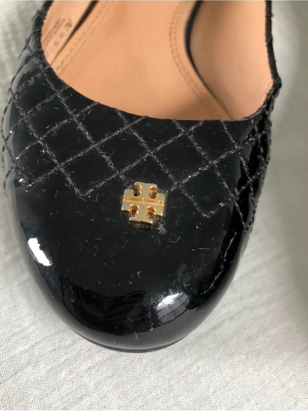 Tory Burch Black Quilted Patent Ballet Flats with Gold Logo
